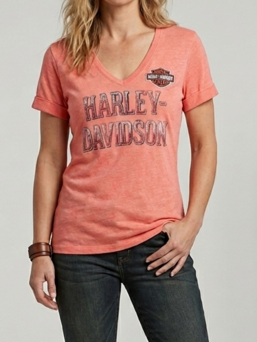 Harley-Davidson Salmon Coral Heathered V-Neck Graphic Tee • M